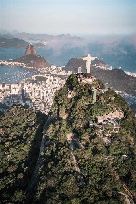 Aerial View Of Christ The Redeemer Looking Over Guanabara Bay And