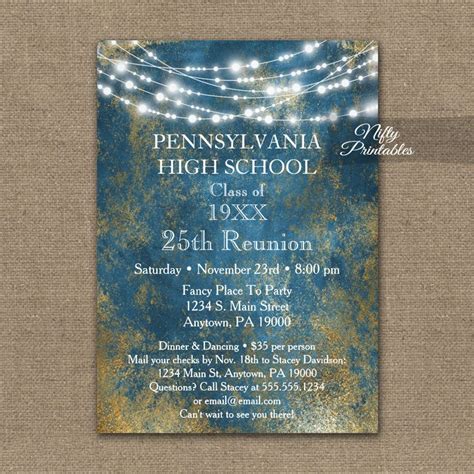 Class Reunion Invitations Blue Gold School Printed Nifty Printables