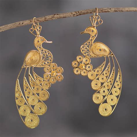18k Gold Plated Bronze Filigree Peacock Earrings From Peru Golden