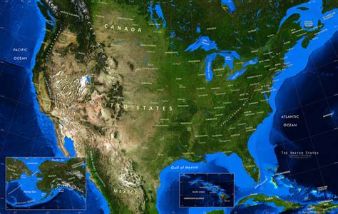 United States Satellite Image Map Mural Topography And Bathymetry