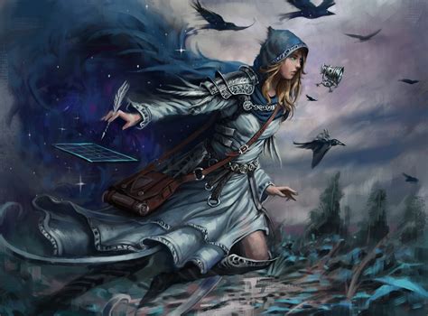 Wallpaper Magic Magician Wizard Women Green Eyes Crow Birds Hood Fantasy Art Artwork
