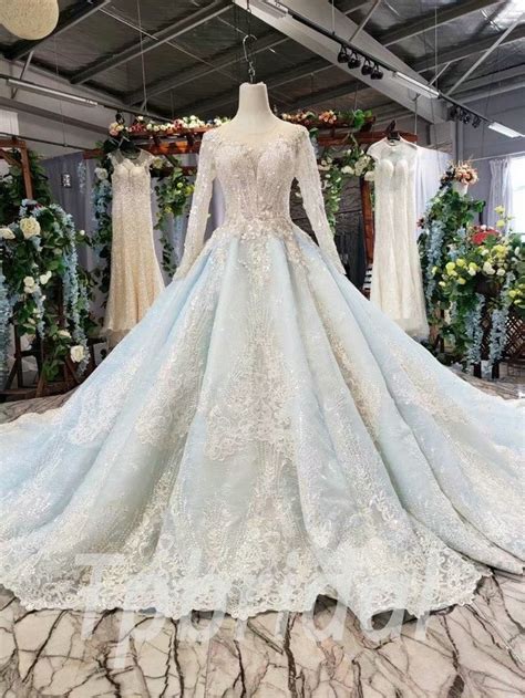 This is the perfect baby blue wedding dresses to add to your collection. Light Blue Wedding Dress V Neck Long Sleeve Ball Gown Prom