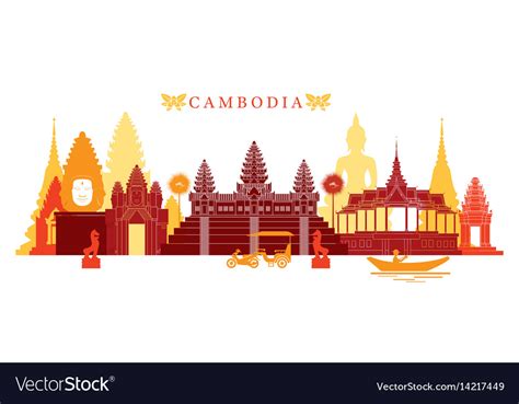 Cambodia Landmarks Skyline Colourful Royalty Free Vector