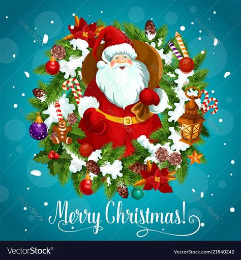 Santa Claus With Sack Of Ts On Merry Christmas Poster With Fir