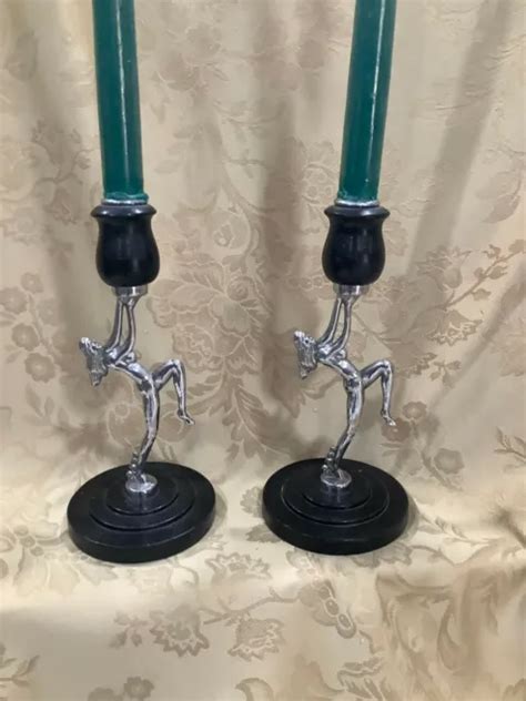 ART DECO CHROME And Black Painted Wood Nude Dancing Lady Candlestick