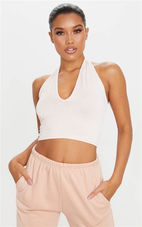 Basic Nude Halterneck Crop Top Tops Prettylittlething