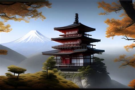 Landscape With A Classic Pagoda Palace In The Mountains Amazing 3d