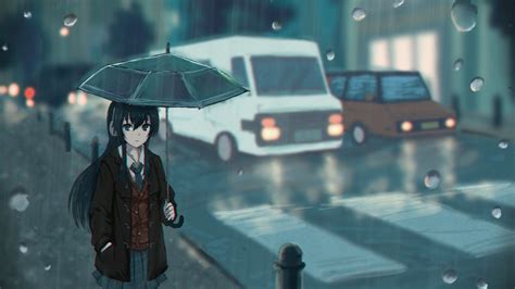 Desktop Wallpaper Walk Anime Girl Rain Umbrella Street
