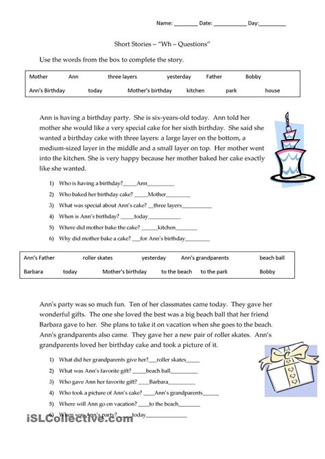 Free interactive exercises to practice online or download as pdf to print. Short Stories Wh-questions - answers | Wh questions ...