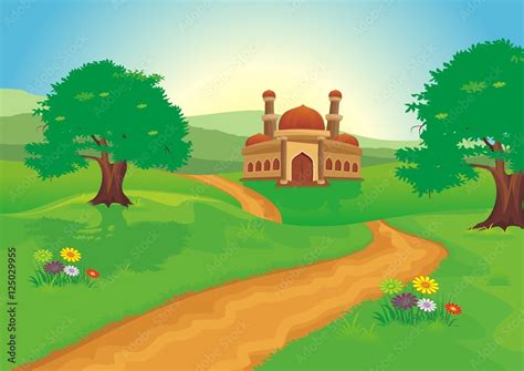 Islamic Cartoons With Mosque And Beautiful Natural Scenery Stock
