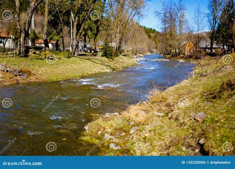 Spring Stream Flowing Along Rural Area Mountain Region Stock Photo