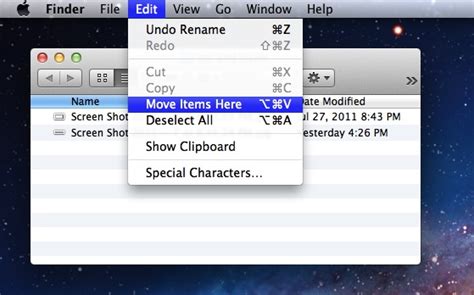 Go to the menu bar > edit and choose to either copy or cut the file/content. Cut and Paste Files & Folders in Mac OS X