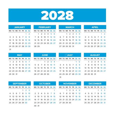 Calendario De Vectores Simple 2028 Las Semanas Empiezan El Lunes