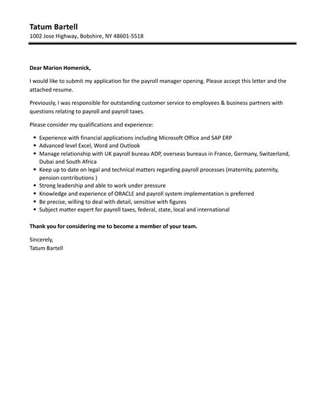 Payroll Manager Cover Letter | Velvet Jobs