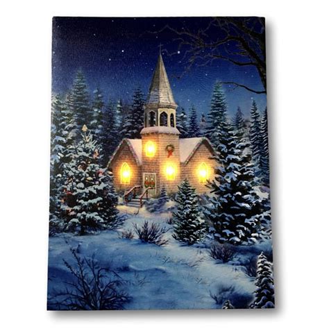 Christmas Wall Art Church At Night Picture With Fiber
