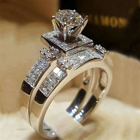 Boho Female Crystal White Round Ring Set Luxury Promise Silver