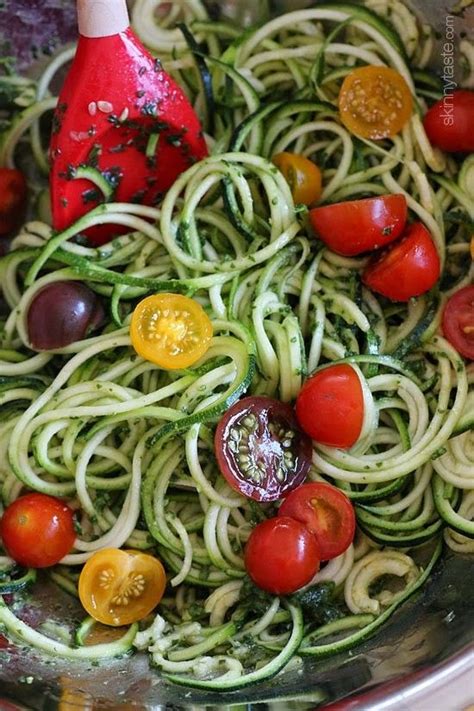 Raw Spiralized Zucchini Noodles With Tomatoes And Pesto Recipe