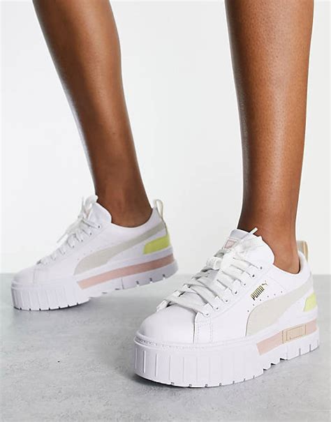 Puma Mayze Platform Sneakers In White And Pink Asos