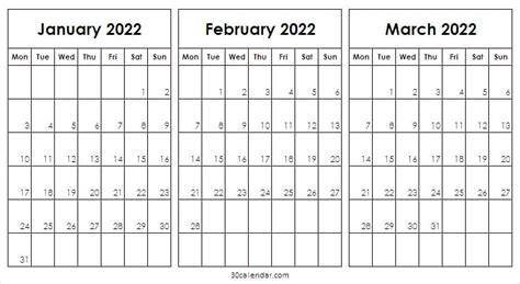 Jan Feb Mar 2022 Calendar 2022 Calendar Editable