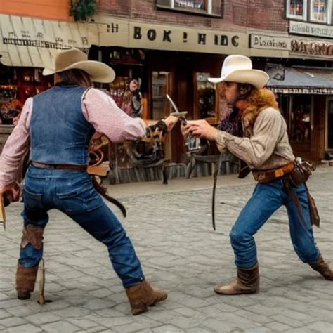 A Cowboy Duel In The Middle Of The Town Stable Diffusion