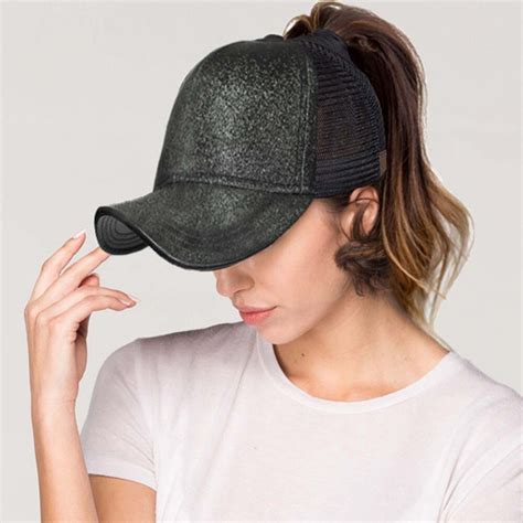 Women Glitter Ponytail Baseball Cap Snapback Hat Summer Messy Bun Mesh