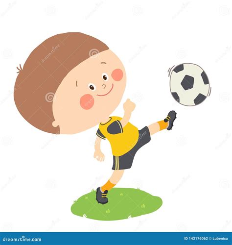 Little Boy Kicking A Soccer Ball On Green Field Isolated Cartoon