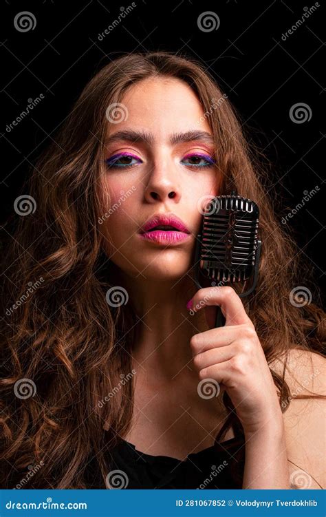 Woman With Retro Microphone Closeup Girl Singer Concert Sing Stock