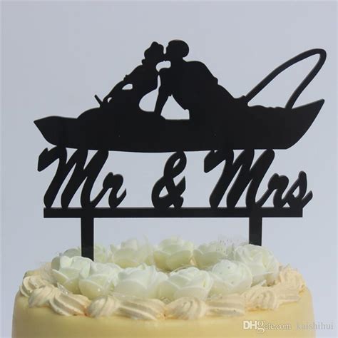 Fishing Couple In Boat Kissing Script Mr And Mrs Wedding Cake Topper