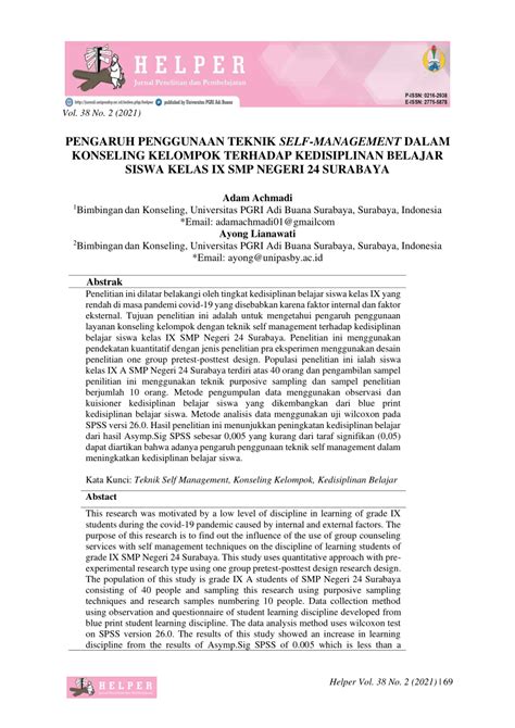 Pdf Penggunaan Teknik Self Management Dalam Konseling Kelompok