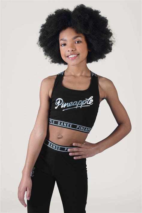 Pineapple Dancewear Girls Black Jacquard Top Cross Back Silver Logo