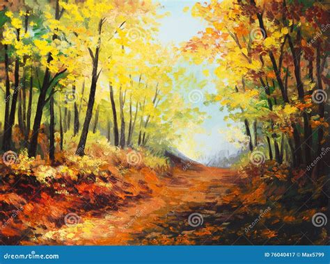 Oil Painting Landscape Colorful Autumn Forest Stock Illustration