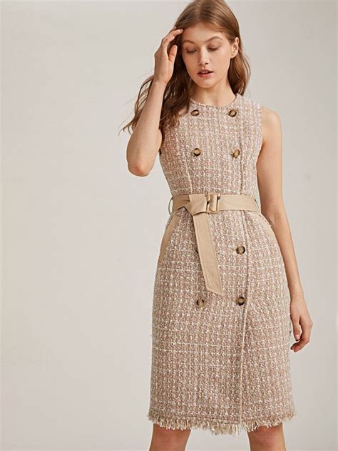 Premium Double Breasted Belted Tweed Sleeveless Dress Shein Usa