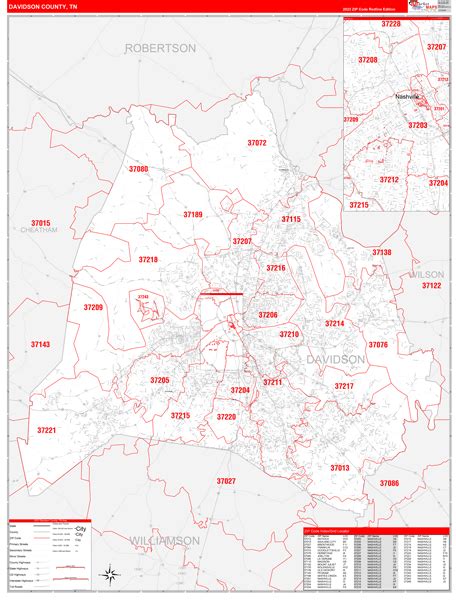 Davidson County Tn Zip Code Wall Map Red Line Style By Marketmaps