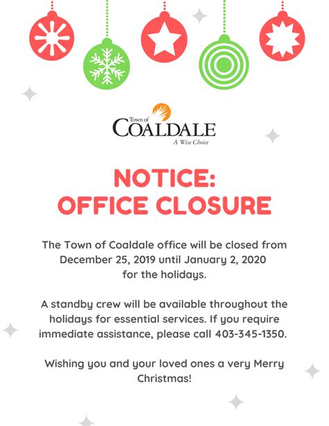 Town Office Holiday Closure Town Of Coaldale