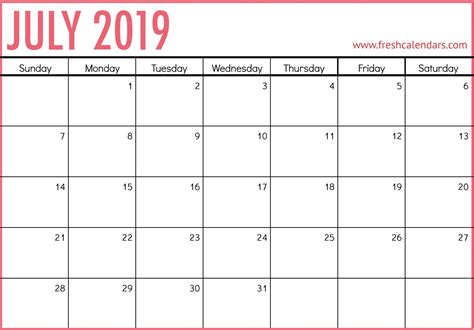 Blank Calendar For July 2019 Free Printable Calendar Blank Template