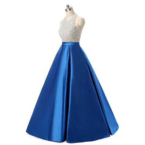 Sexy Royal Blue Ball Gown Prom Dresses Satin Beading Backless Evening