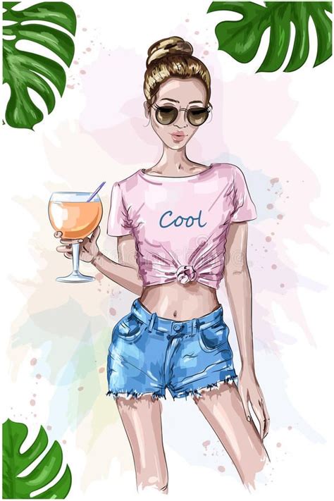 Cute Stylish Girl In Crop Top Summer Look Fashion Woman Holding Cocktail Drin Fashion