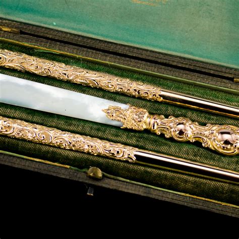 ANTIQUE 19thC VICTORIAN 9K GOLD & M.O.P CASED DESK SET, W.H.WALTER c