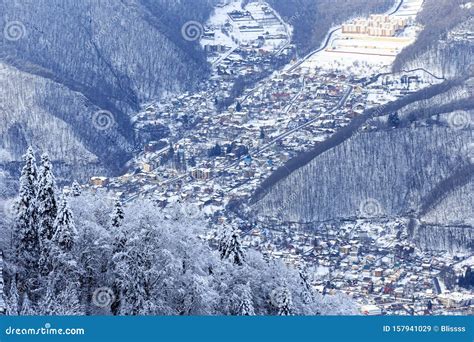 Krasnaya Polyana Village And Mountain Ski Resort At Snowy Winter In