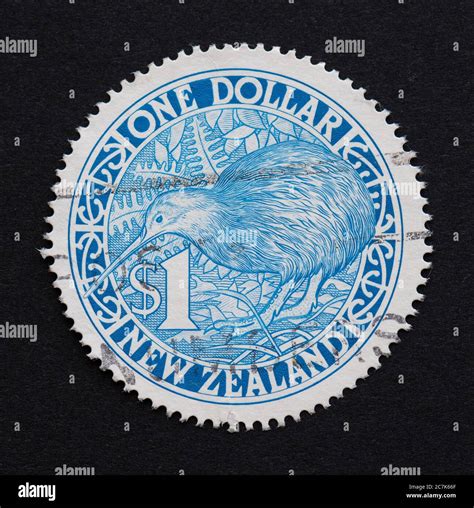Circular Postage Stamp New Zealand Kiwi 1 Issued In 1993 Stock Photo
