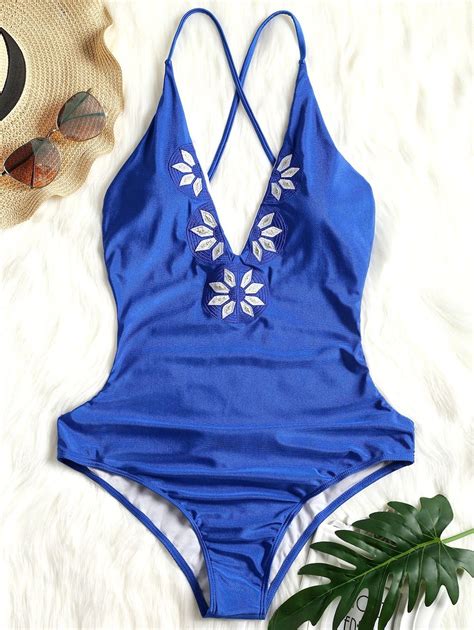 High Leg Embroidery Criss Cross Swimsuit Backless One Piece
