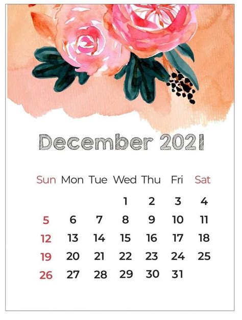 Floral December 2021 Calendar Calendar Printable Calendar 2021 Calendar