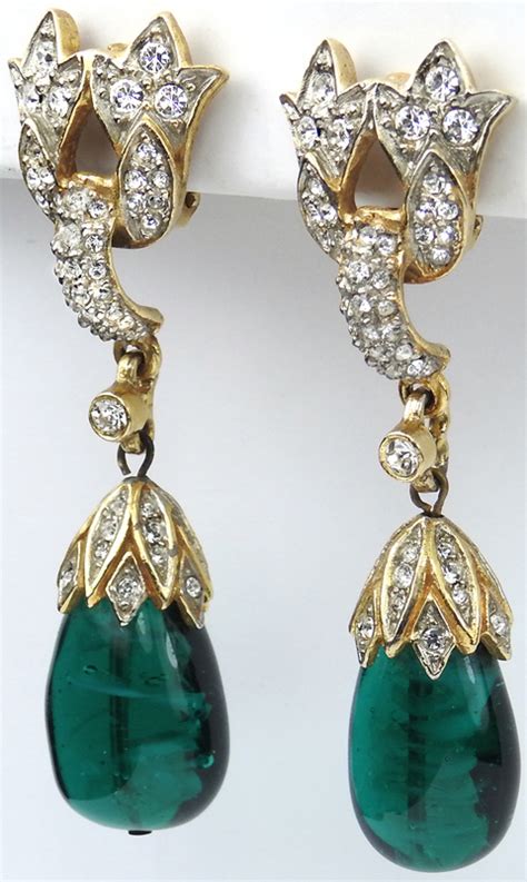 Vintage Kjl Gold And Pave Flowers And Teardrop Emeralds Pendant Clip