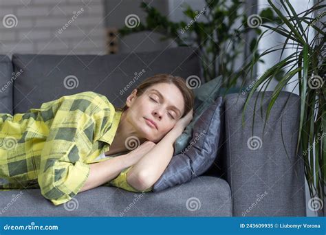 close up photo of tired woman sleeping with closed eyes on sofa stock image image of fresh