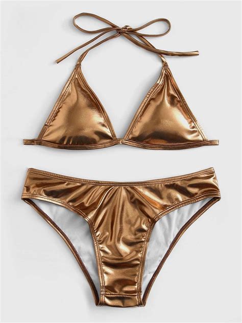 Gold Metallic Triangle Halter Top Swimsuit With Bikini Bottom Bikinis Metallic Bikini Bikini Set