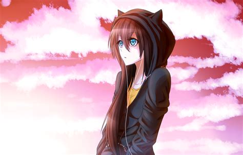 Anime Girl With Brown Hair And Blue Eyes With A Black Cat Sweater
