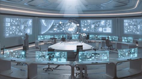 3d Rendered Modern Futuristic Command Center Interior With People