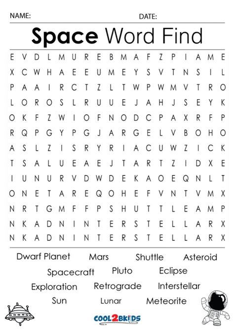 Space Word Search Printable