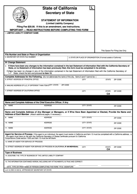 Fillable Form Llc 12 Statement Of Information State Of California