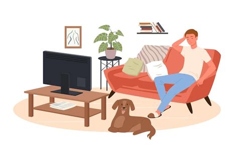 Premium Vector Young Man Watching Tv At Home Vector Illustration